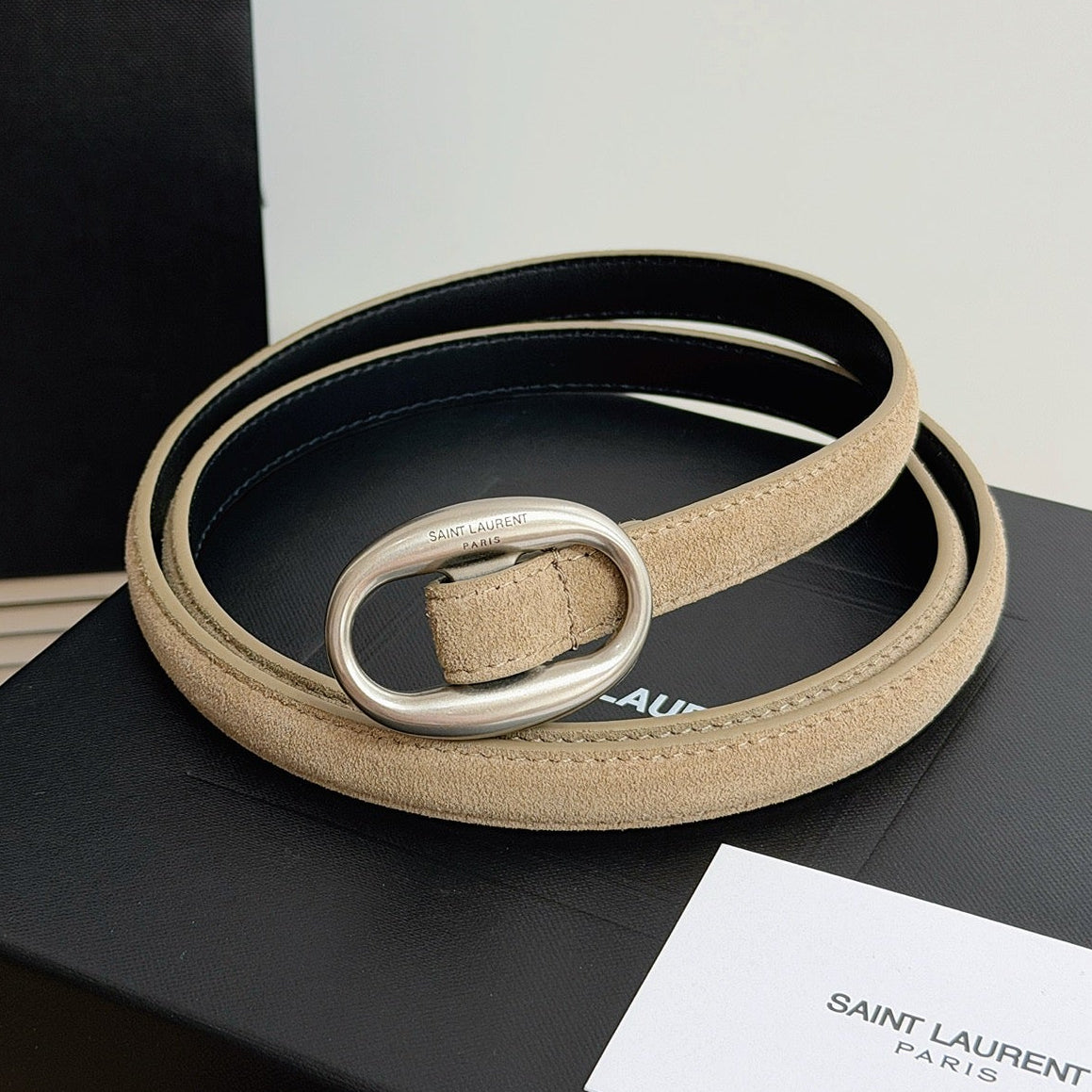 Saint Laurent 2026 Oval Belt 15mm Beige Suede 219123