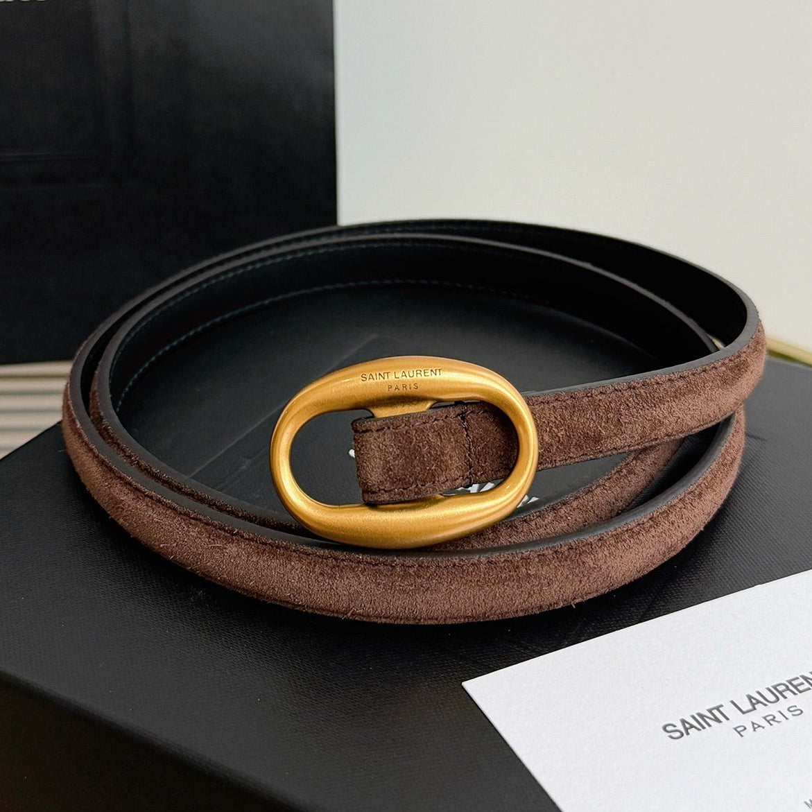 Saint Laurent 2026 Oval Belt 15mm Brown Suede 219134