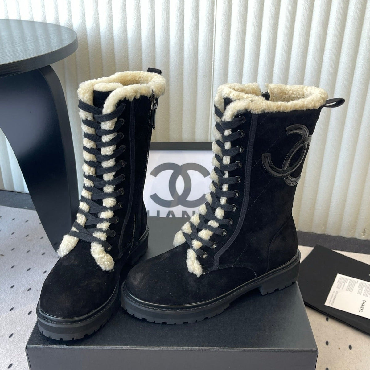 Chanel 2026 Quilted Lace Up Ankle Boots Suede Wool Leather 190006