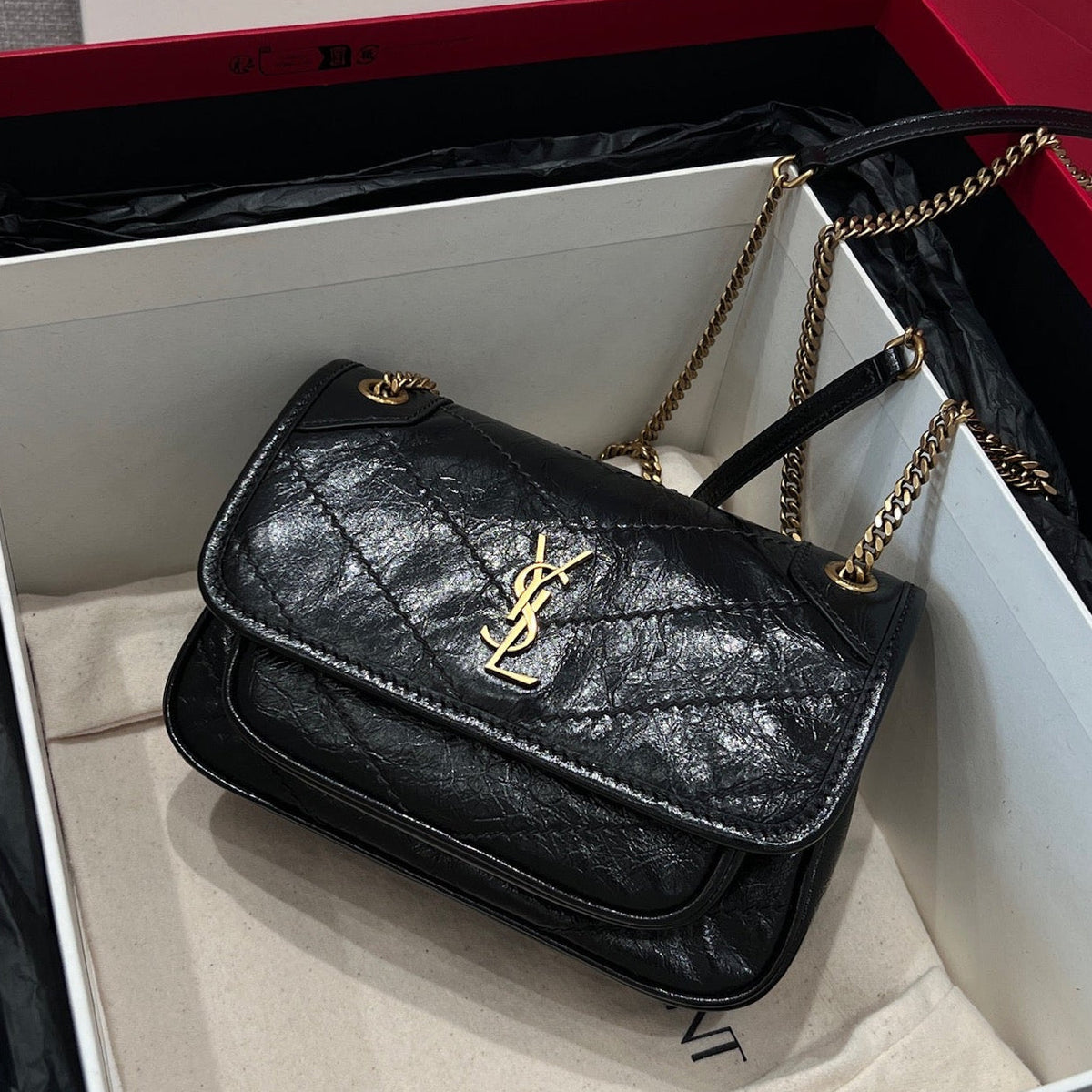 YSL 2026 Niki Cassandre Bag 18cm Gold Hardware Vintage Leather