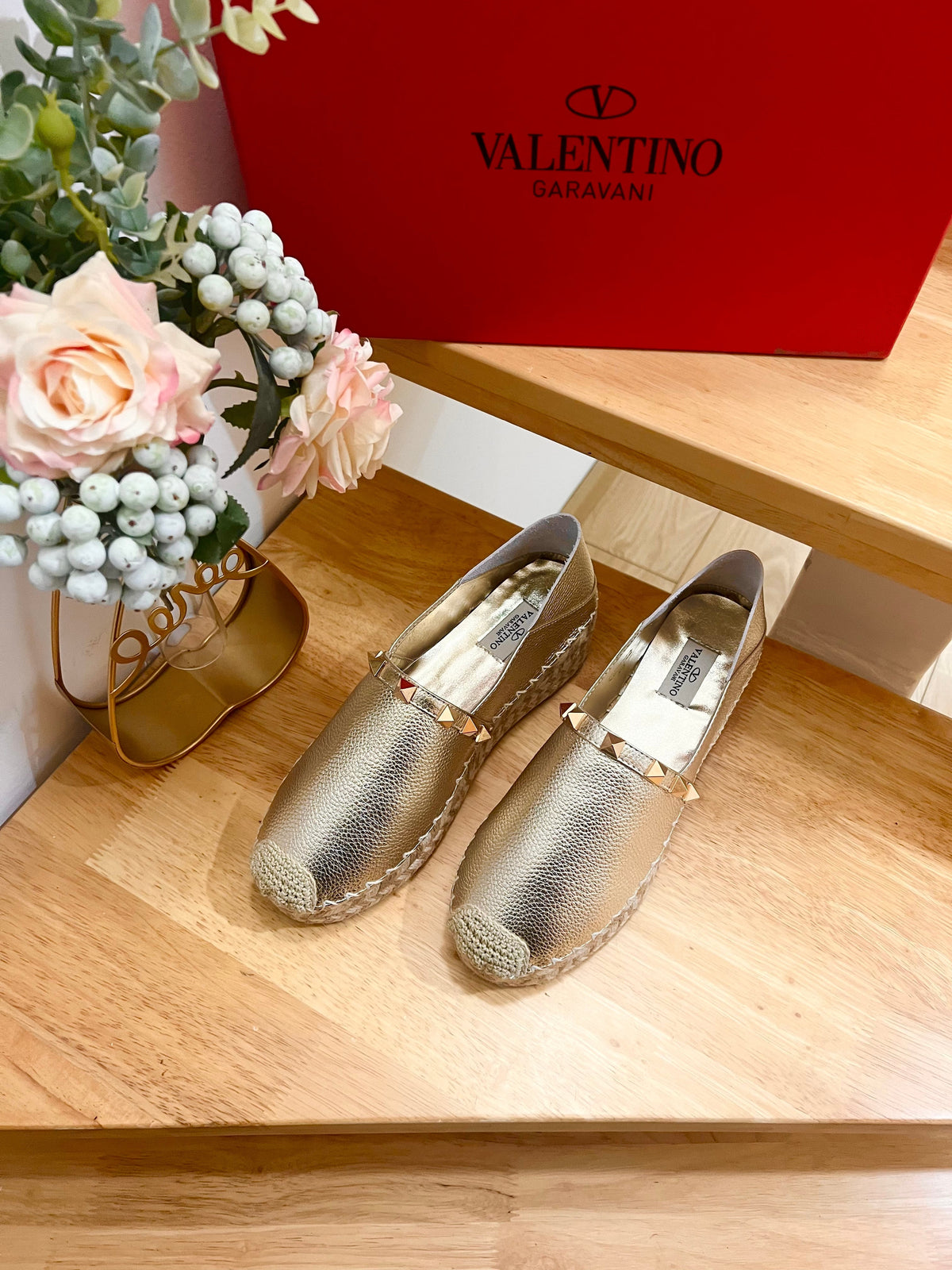 Valentino Rockstud Embellished Slip On Espadrille Silver Cowhide 240571