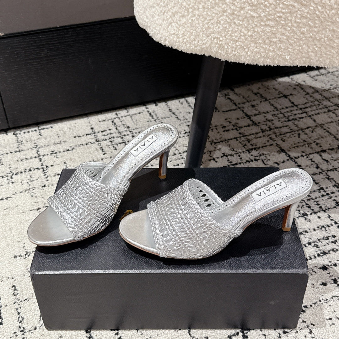 ALAIA  Muller high-heeled metallic sliver woven leather
