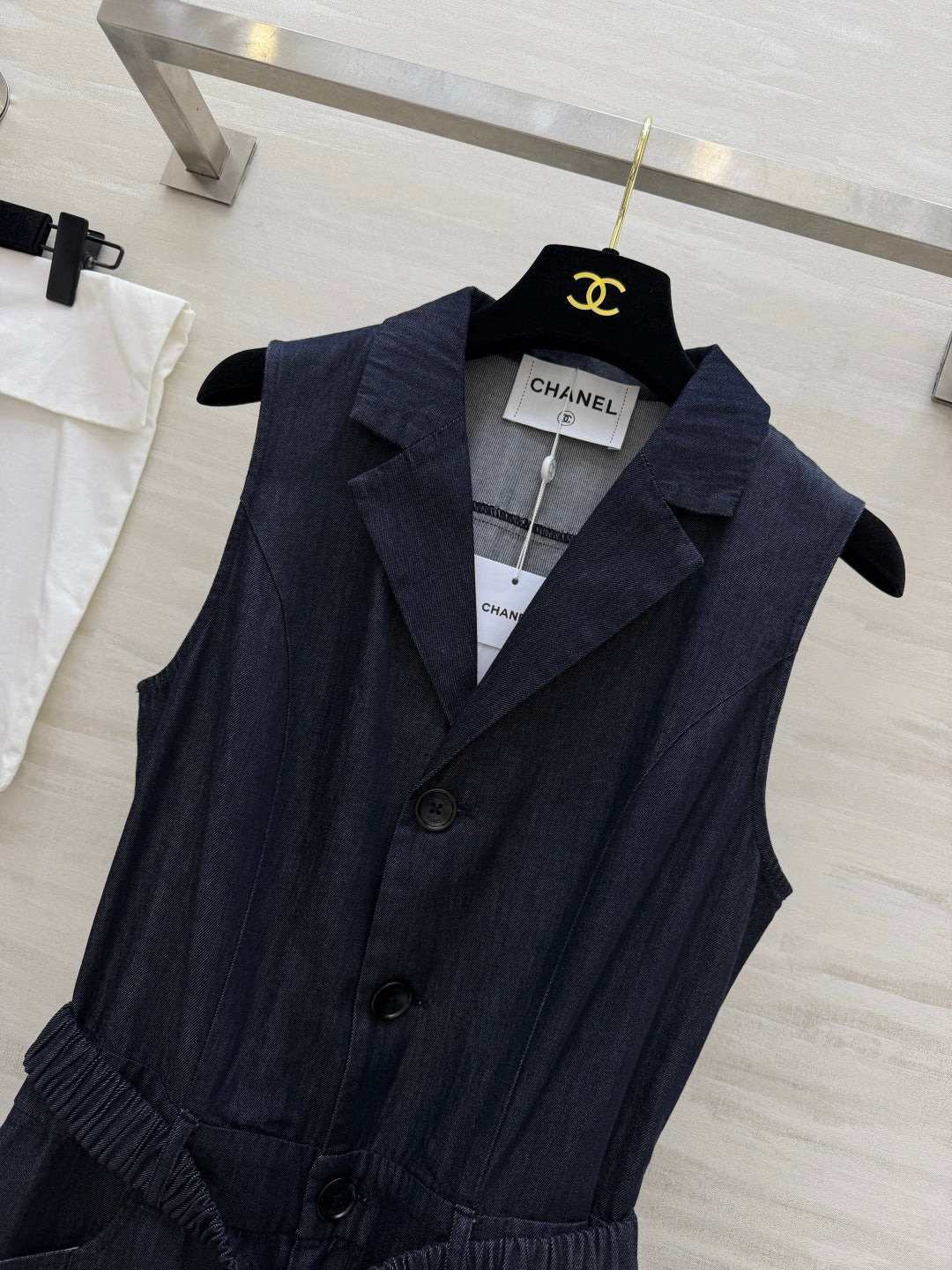Chanel 2026 Clingy Sleeveless Denim Jumpsuit Blue Cotton 377394