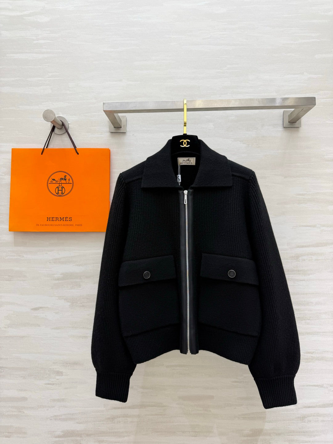 Hermes 2026 Collared Zip-Up Knit Jacket Wool 408378