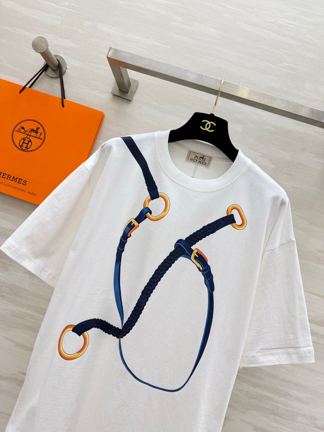 Hermes 2026 Rope Print T-Shirt White Mix Blue Cotton 408325