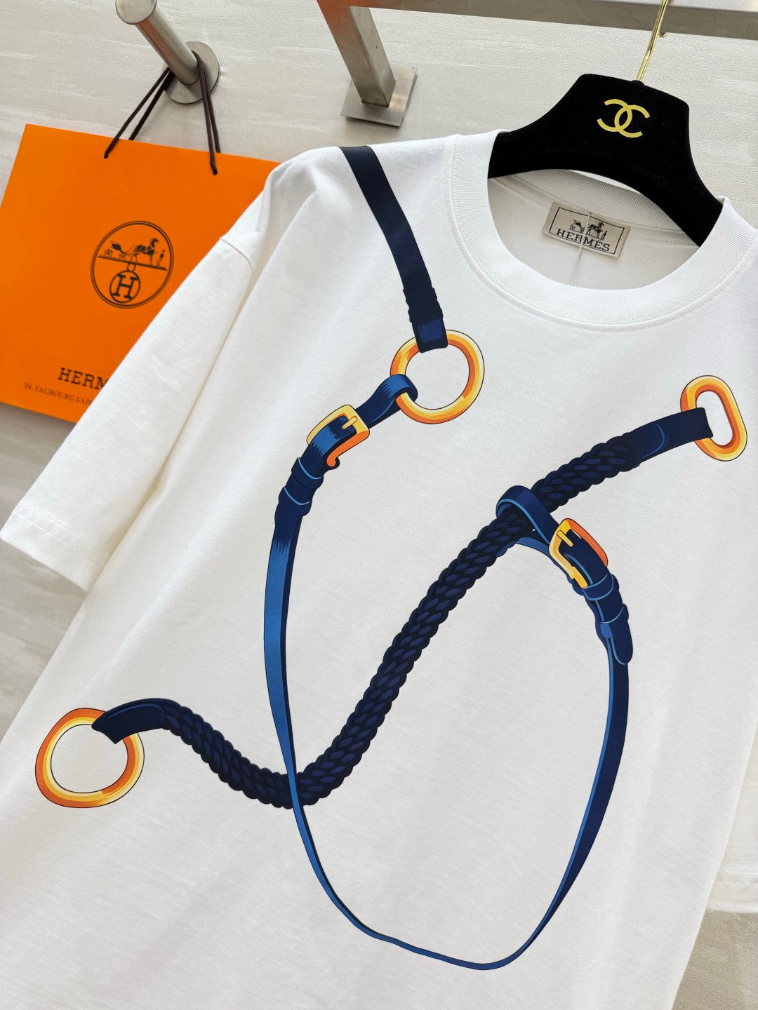 Hermes 2026 Rope Print T-Shirt White Mix Blue Cotton 408325
