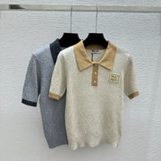 Miumiu 2026 Short-sleeved Knit Polo Shirt Beige and Gray Wool
