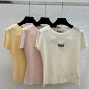 Miumiu 2026 Butterfy Short-sleeve Top Yellow Cream Pink Wool Silk