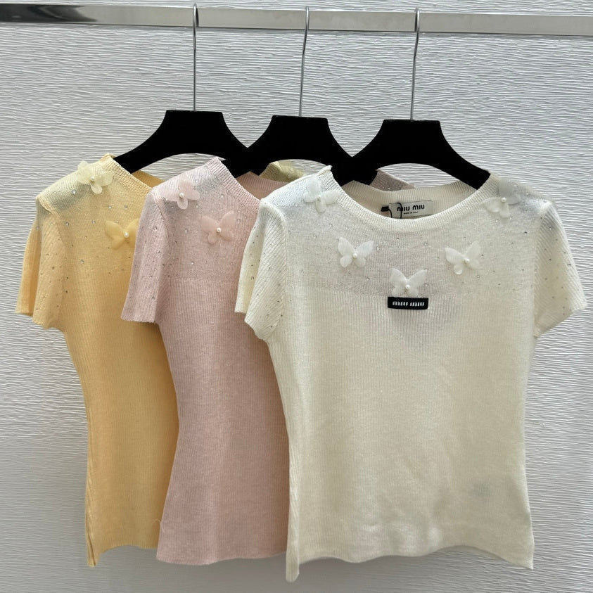 Miumiu 2026 Butterfy Short-sleeve Top Yellow Cream Pink Wool Silk