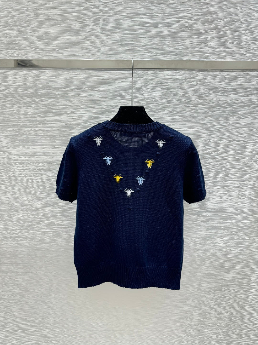 Dior 2026 Bee Round Neck Knitted Short Sleeve T-shirt Blue and White Wool