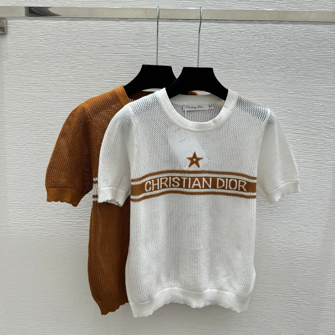 Dior 2026 Mesh Knit Short-Sleeve Top Brown and White Wool 341180