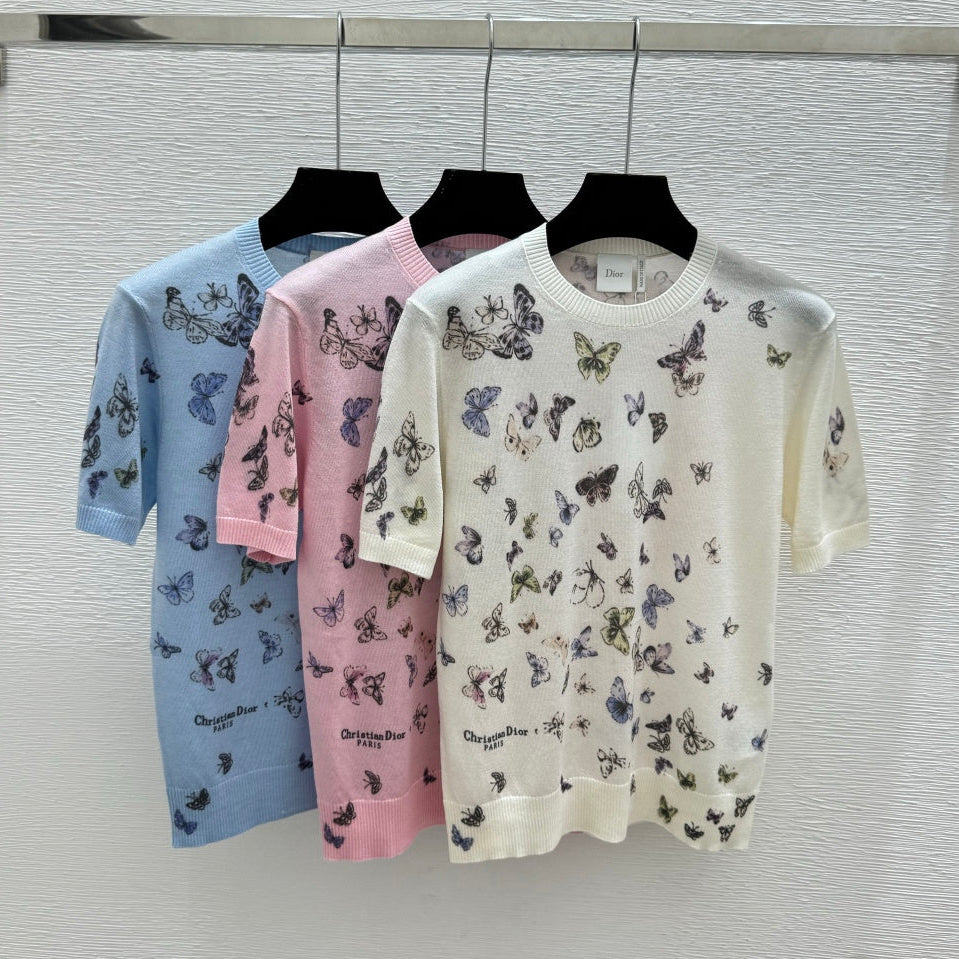 Dior 2026 Butterfly Print Knit Short-Sleeve T-Shirt Wool 355164