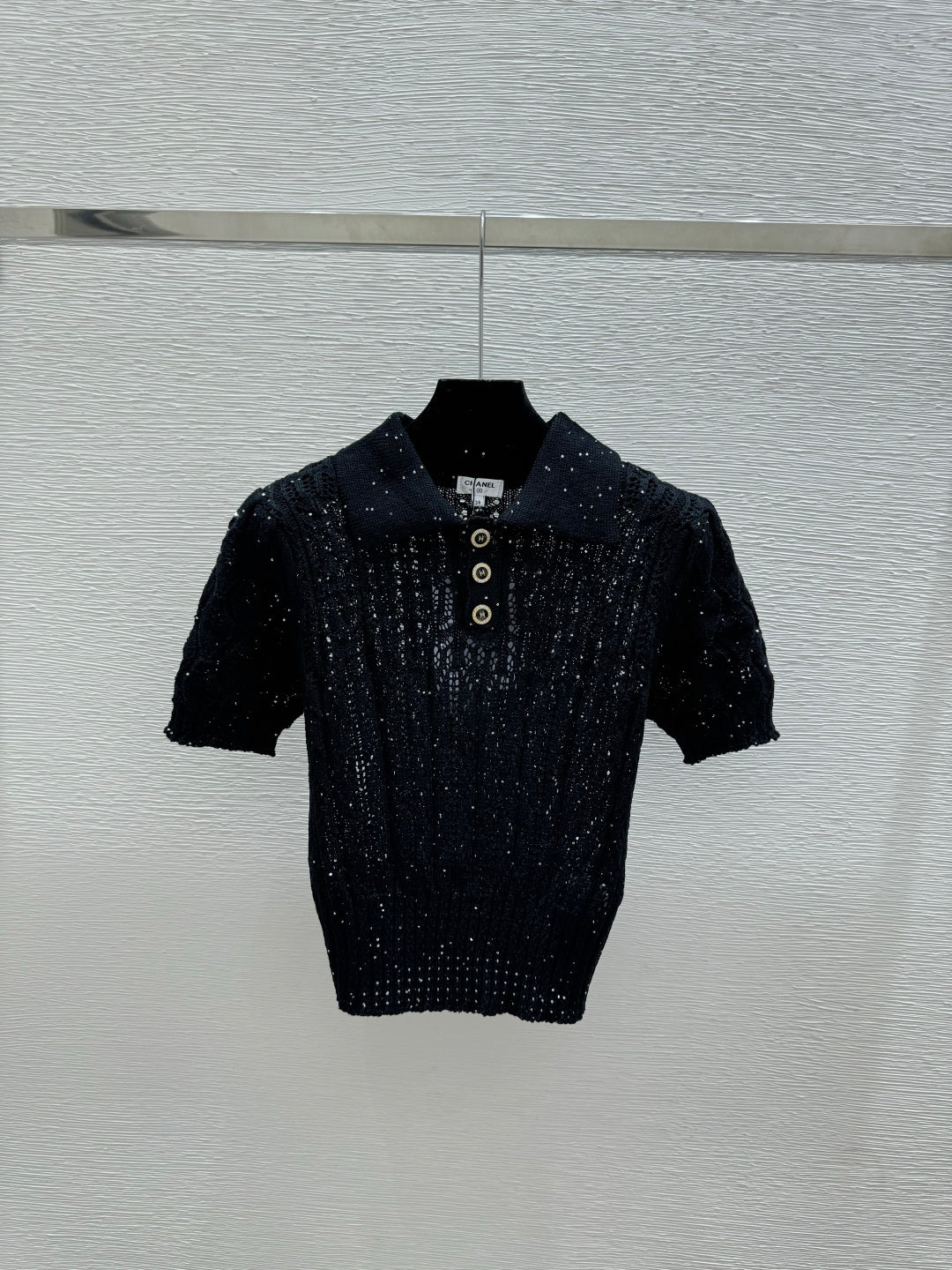 Chanel 2026 Sequin Hollow-Out Collar Knit Short-Sleeve Cotton 397678