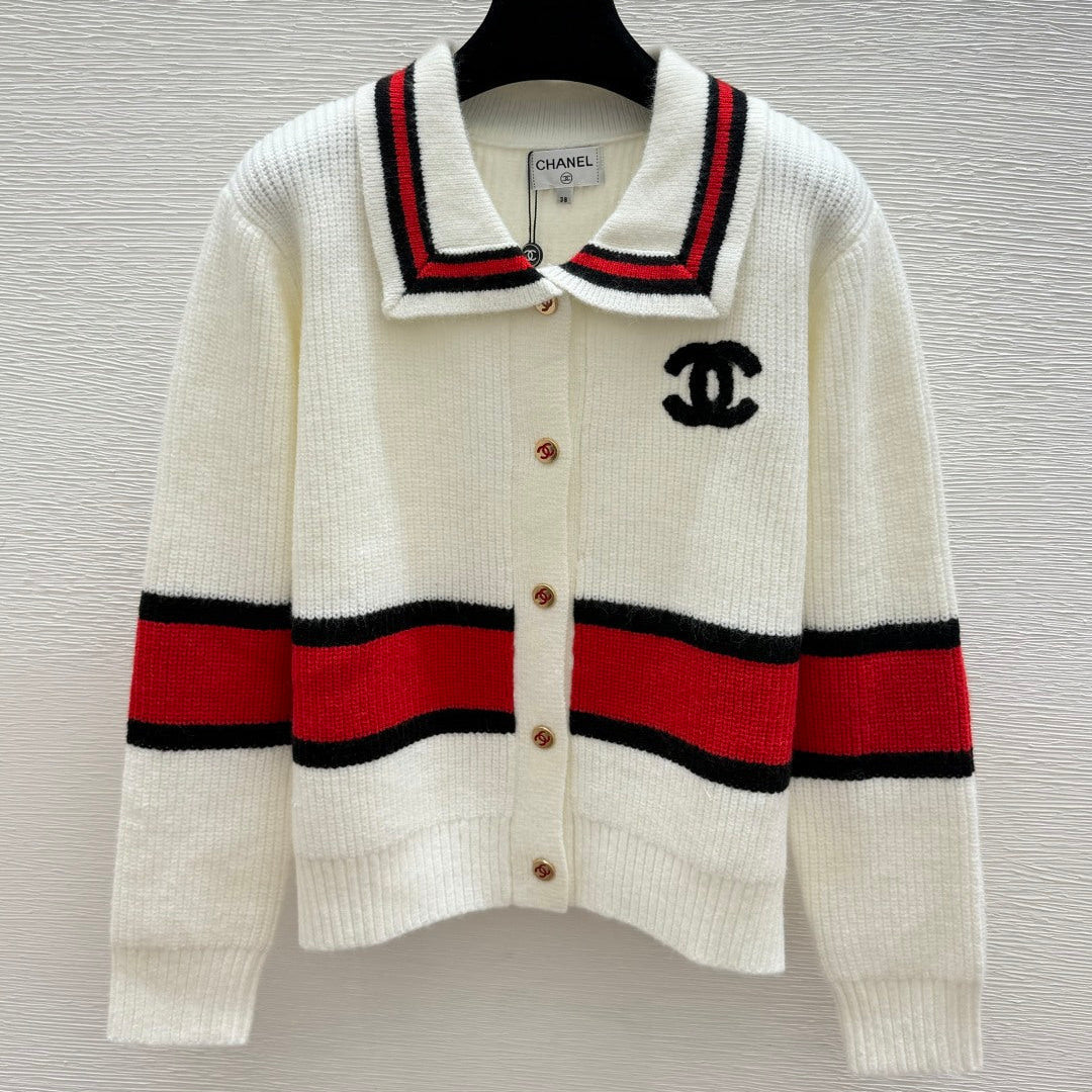 Chanel 2026 Cardigan White Red Black Wool 832484