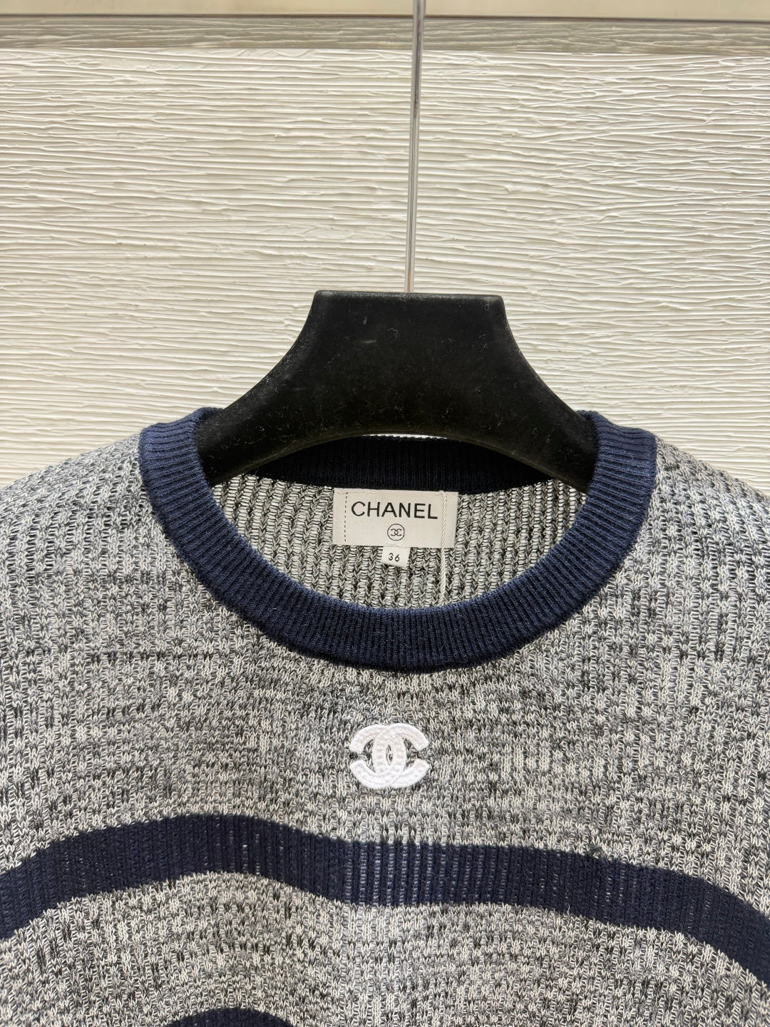 Chanel 2026 Striped Crew Neck Knit Long Sleeve Gray Wool 244670