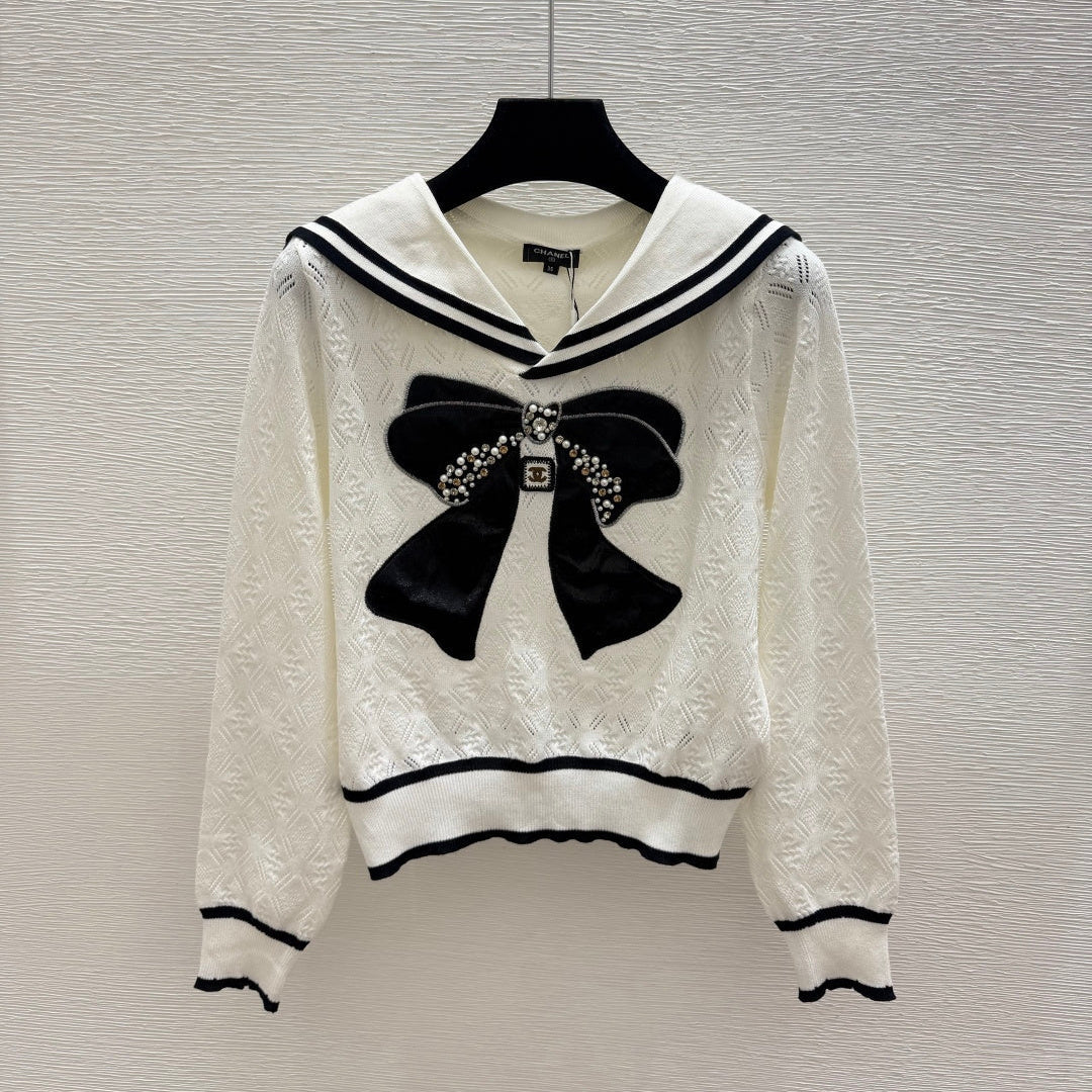 Chanel 2026 Bow Beaded Sailor Collar Knit Long Sleeve White Black Wool 913499