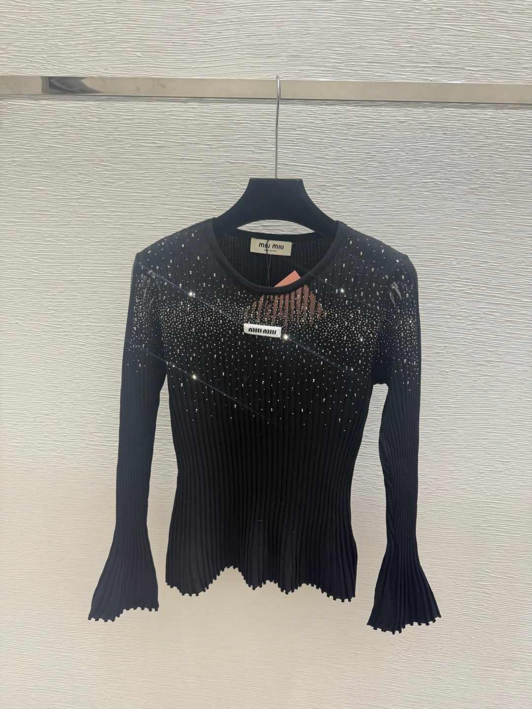 Miumiu 2026 Rhinestone Crew Neck Knitted Long Sleeve Wool 913396