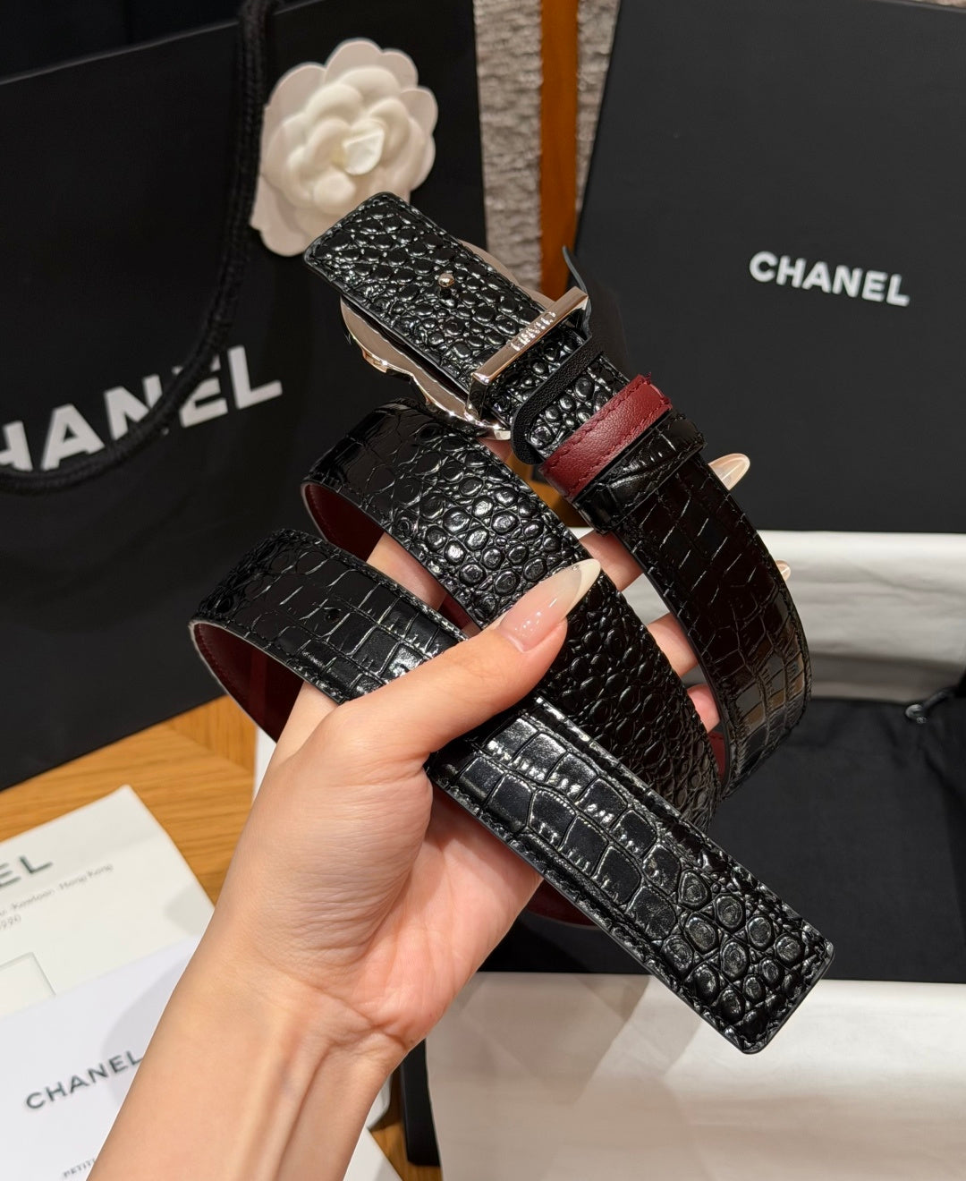 Chanel 2026 Crocodile Embossed Reversible Belt 30mm Calfskin