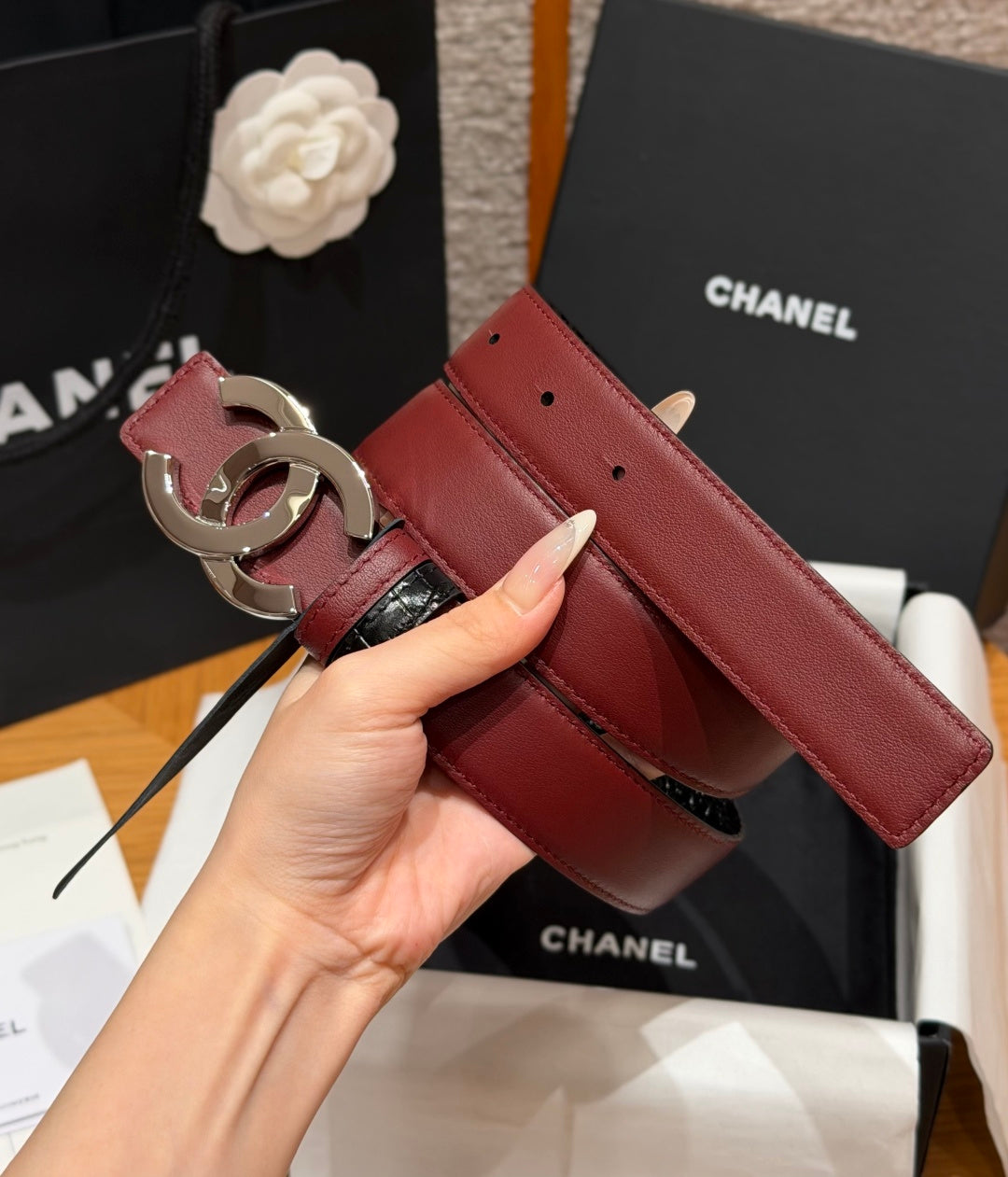 Chanel 2026 Crocodile Embossed Reversible Belt 30mm Calfskin