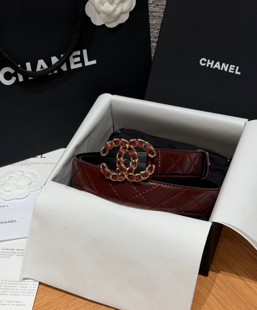 Chanel 2026 CC Buckle Gold Waist Belt Burgundy