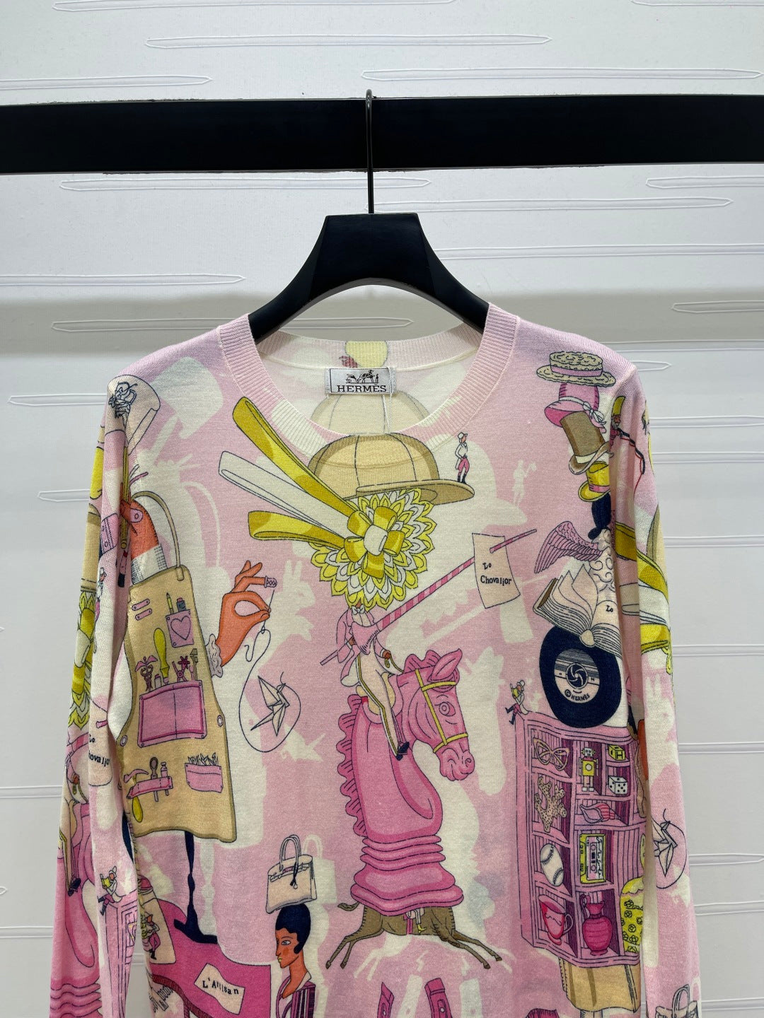 Hermes 2026 Printed Crew Neck Knit Long Sleeve Top Pink Wool 417087