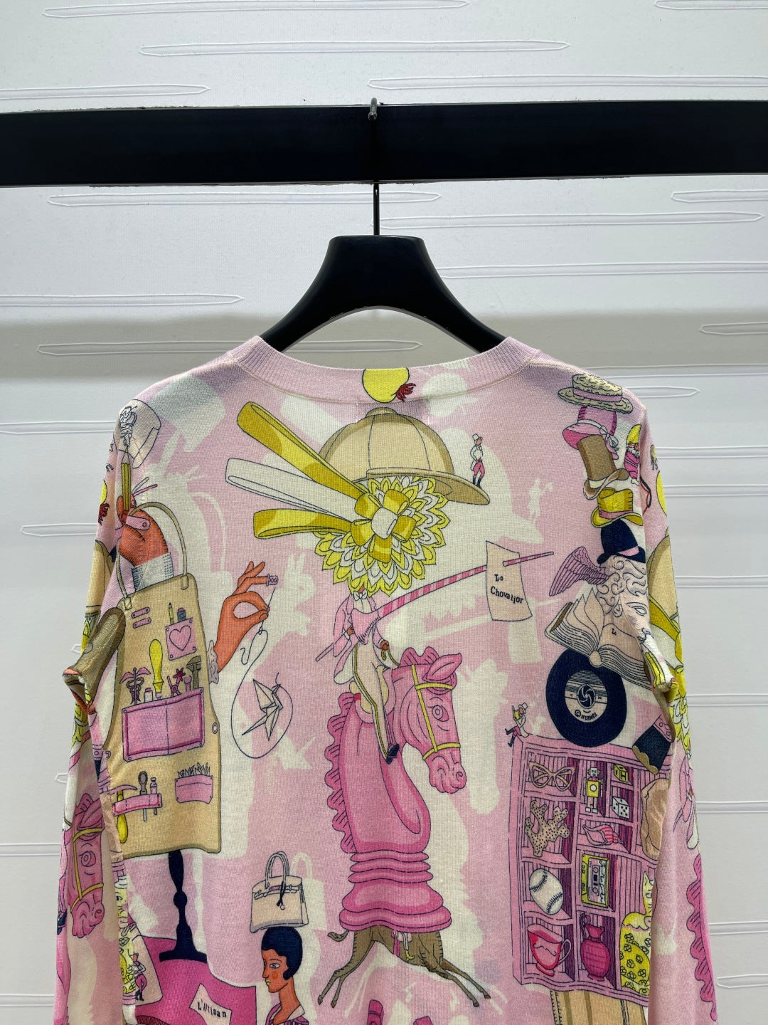 Hermes 2026 Printed Crew Neck Knit Long Sleeve Top Pink Wool 417087