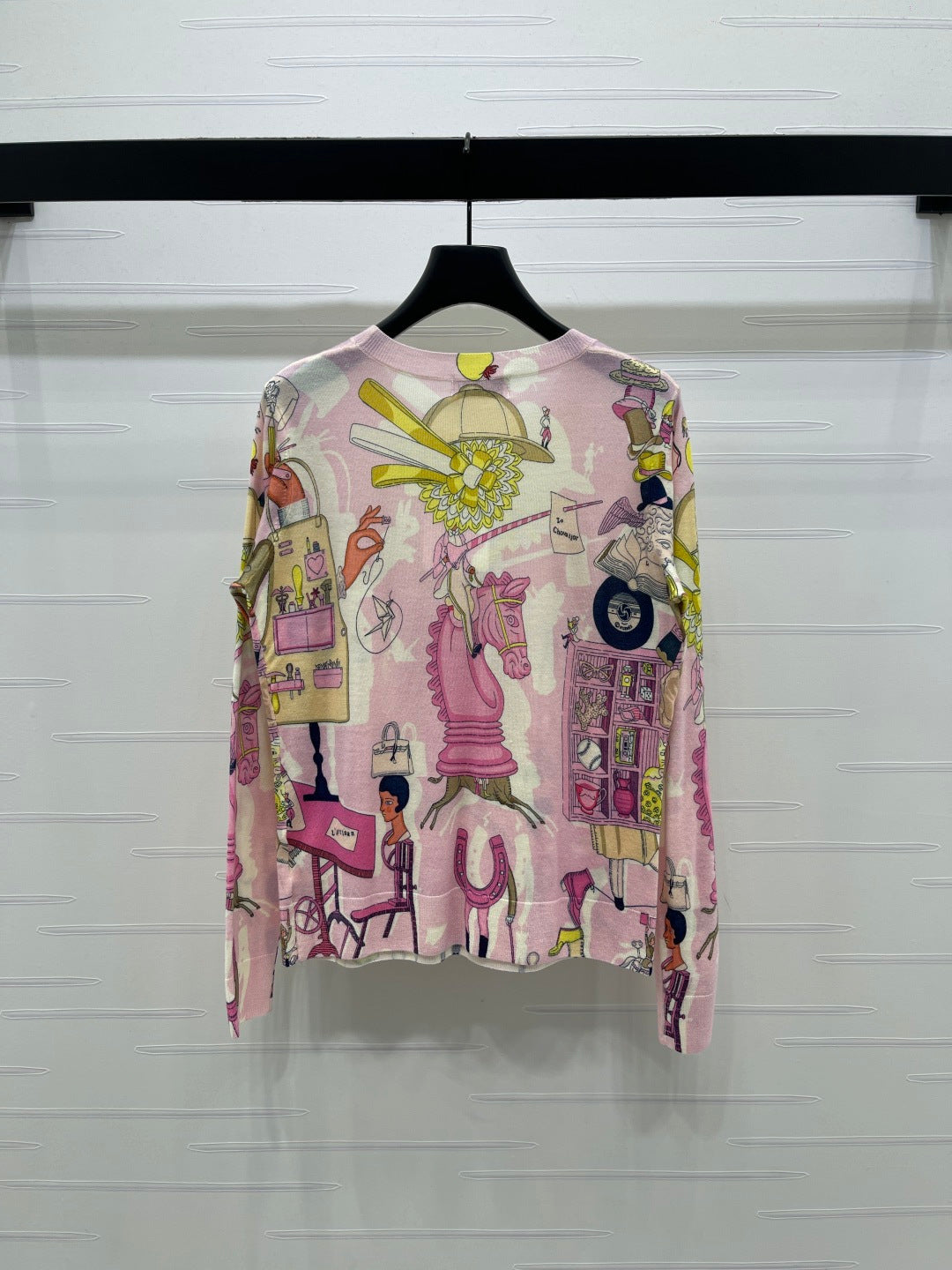 Hermes 2026 Printed Crew Neck Knit Long Sleeve Top Pink Wool 417087