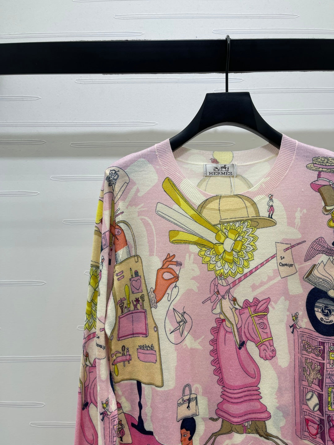 Hermes 2026 Printed Crew Neck Knit Long Sleeve Top Pink Wool 417087