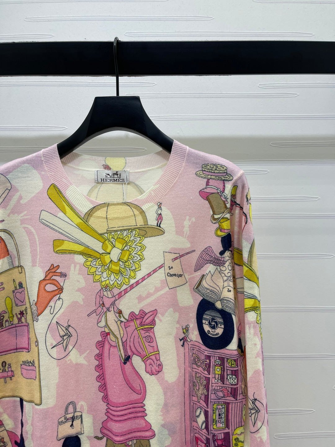 Hermes 2026 Printed Crew Neck Knit Long Sleeve Top Pink Wool 417087