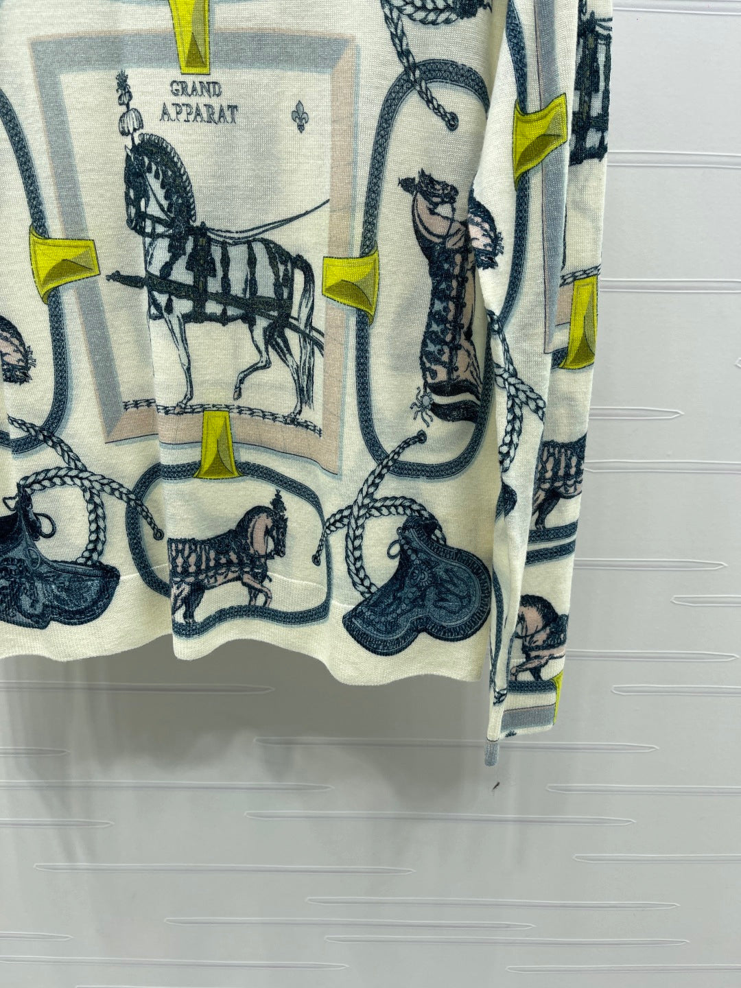 Hermes 2026 Horse Print Long Sleeve Top Cream Blue Wool 417088