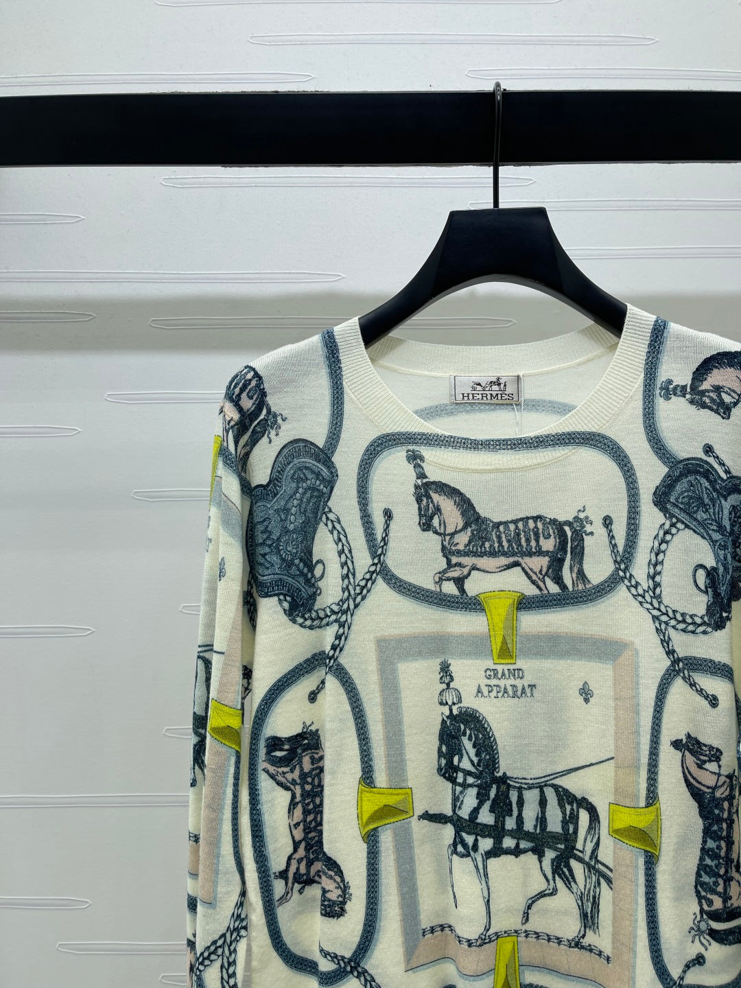Hermes 2026 Horse Print Long Sleeve Top Cream Blue Wool 417088