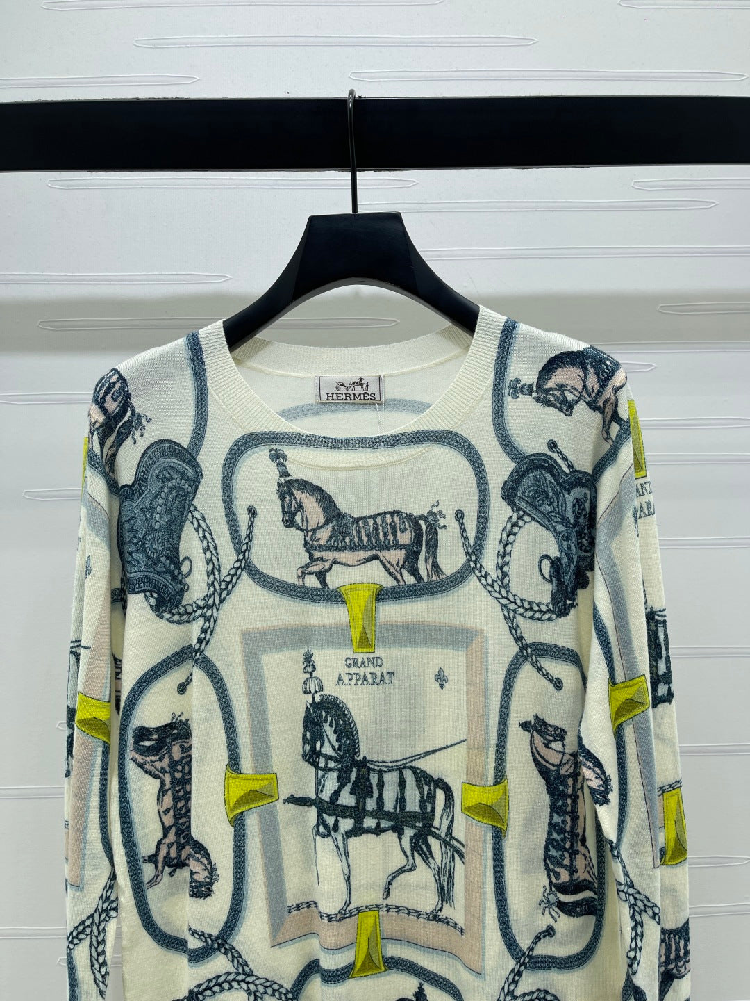Hermes 2026 Horse Print Long Sleeve Top Cream Blue Wool 417088
