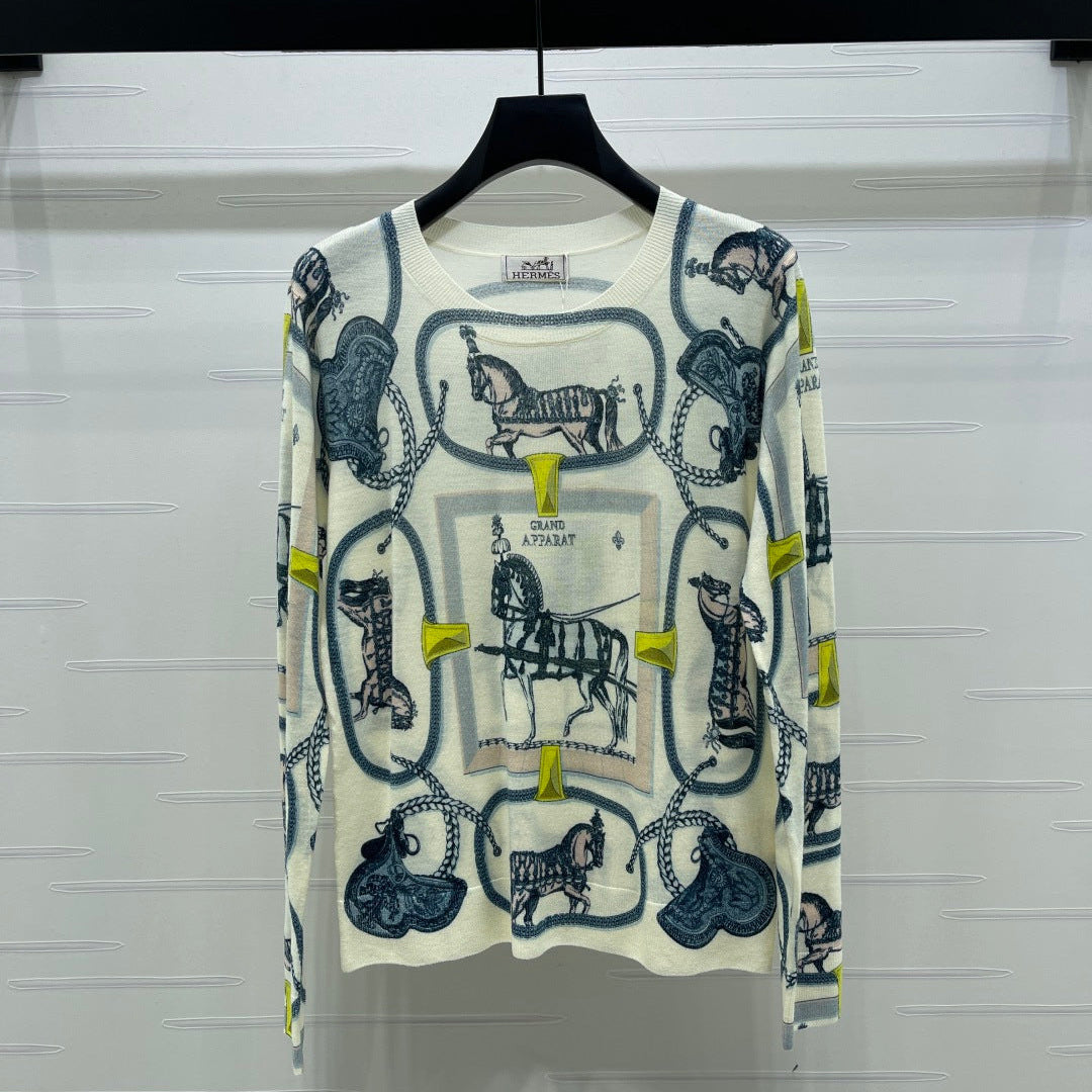 Hermes 2026 Horse Print Long Sleeve Top Cream Blue Wool 417088
