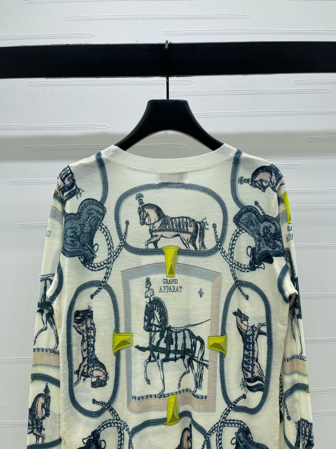 Hermes 2026 Horse Print Long Sleeve Top Cream Blue Wool 417088