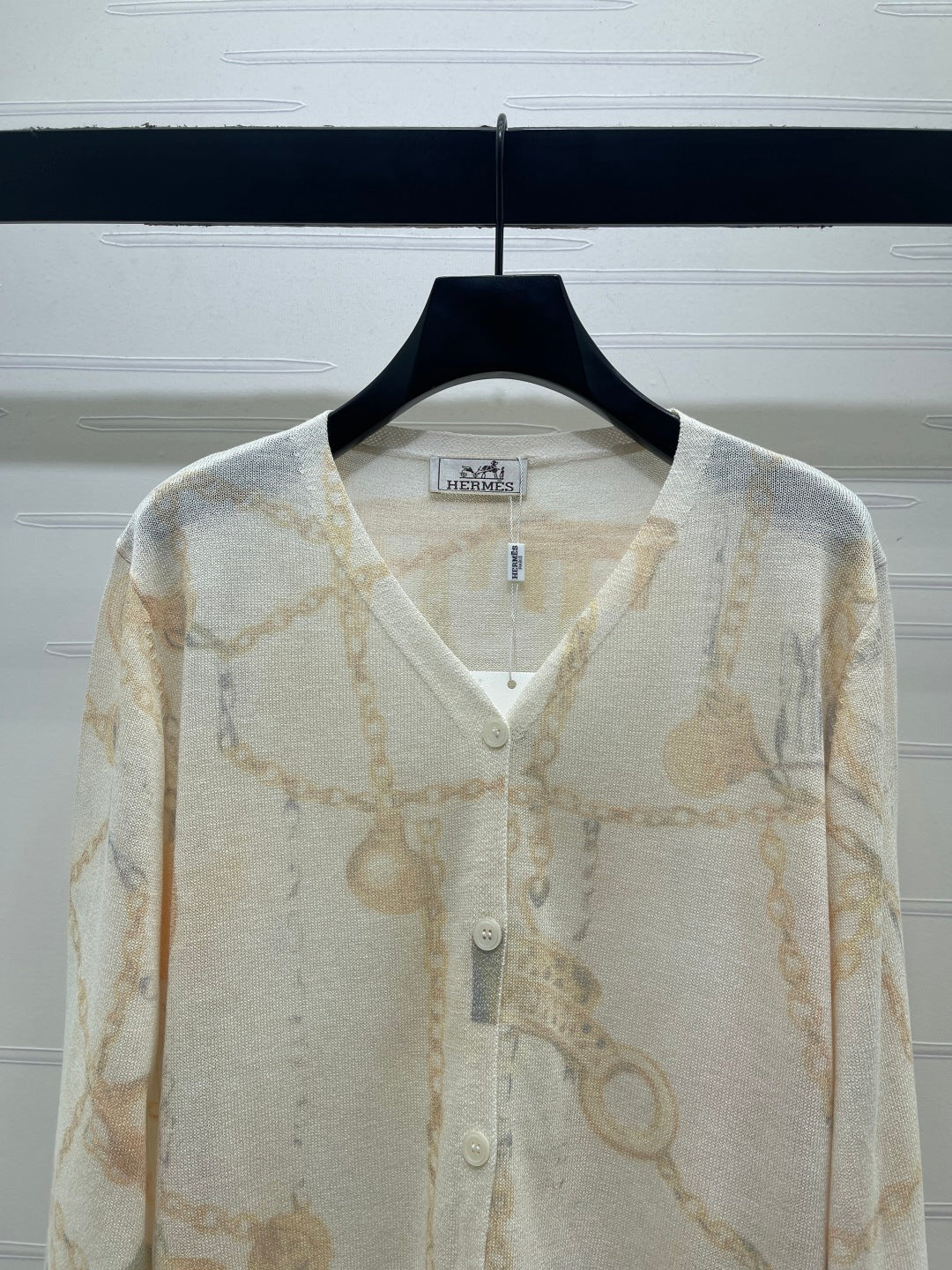 Hermes 2026 Printed V-neck Knit Long-Sleeve Cardigan Cream Wool 661988