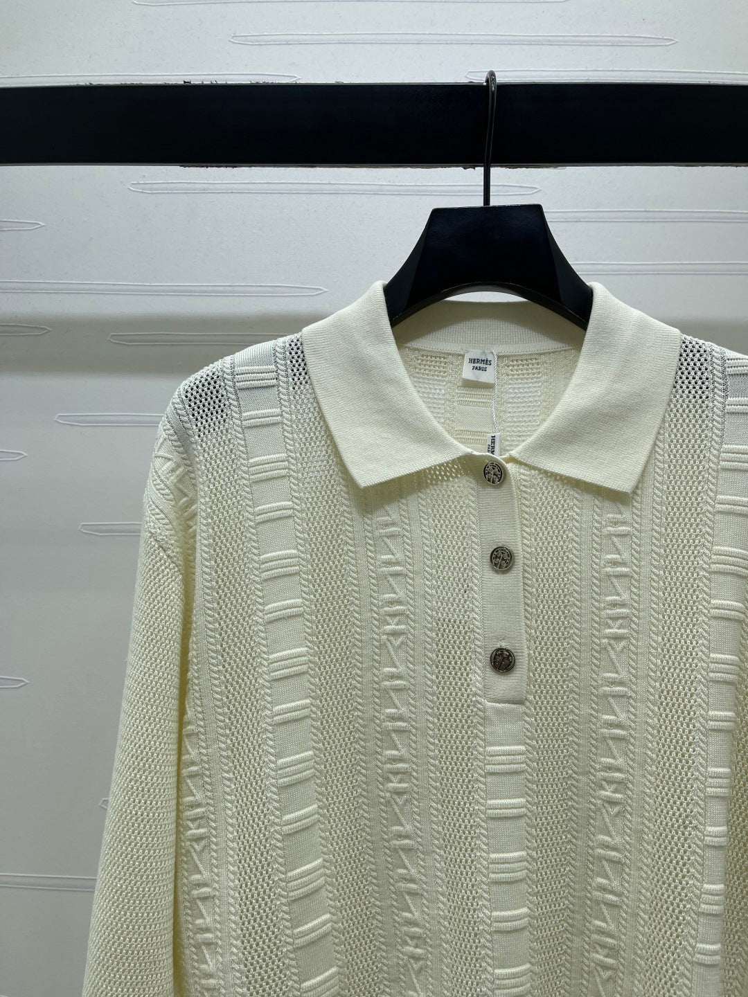 Hermes 2026 Collared Knit Long-Sleeve Top Cream Tencel Cotton 413333