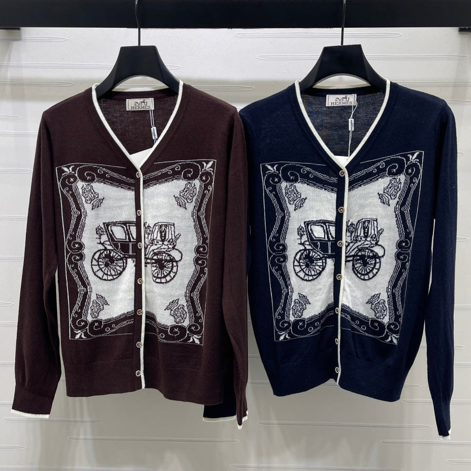 Hermes 2026 V-neck Printed Knit Long-sleeved Cardigan Wool 417078