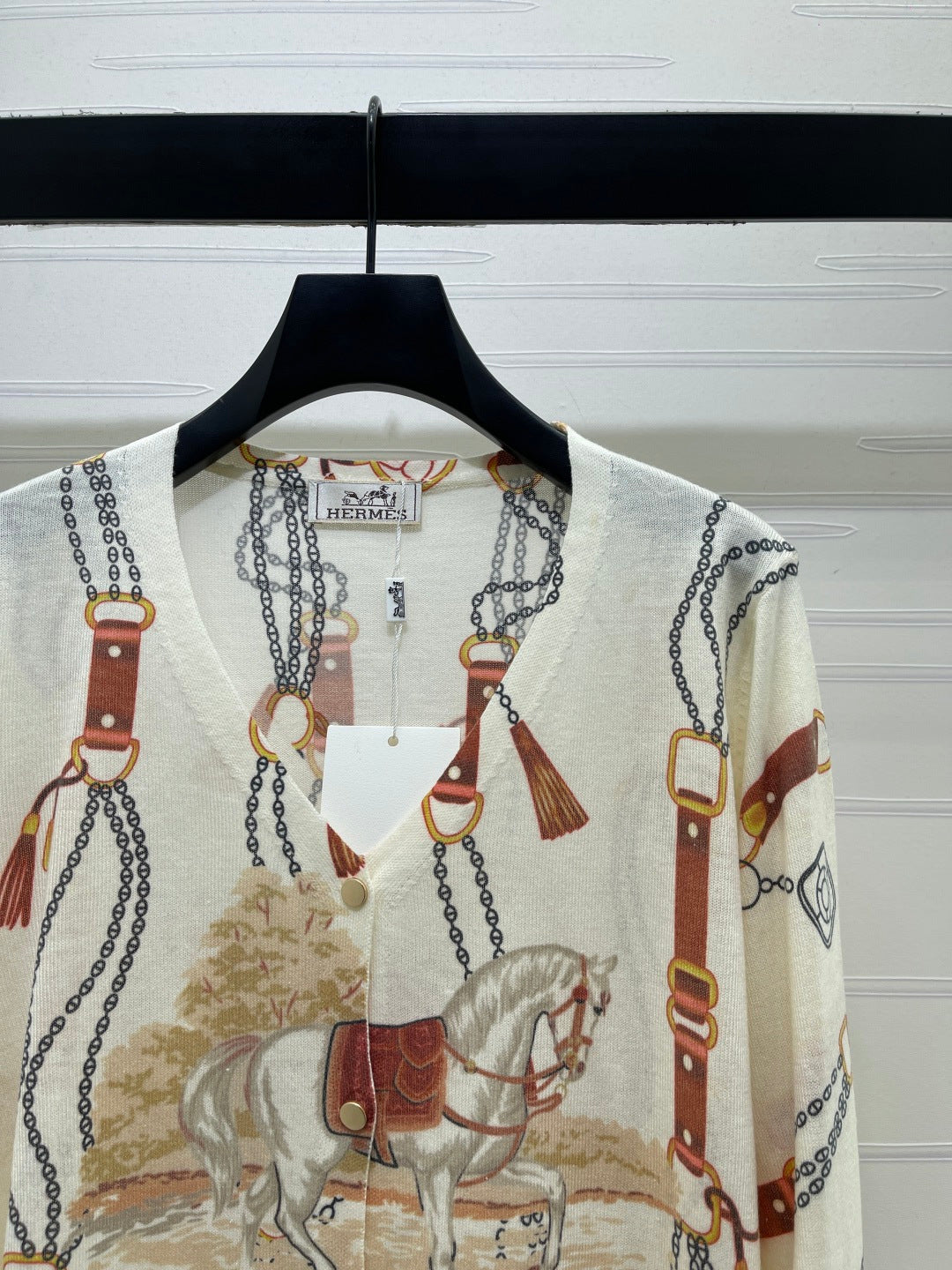 Hermes 2026 V-neck Printed Long-sleeved Cardigan Cream mix Colors Wool 417073