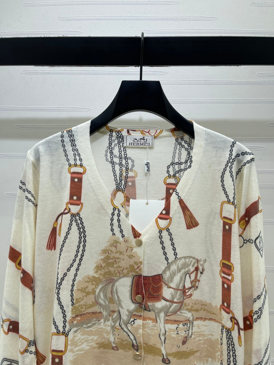 Hermes 2026 V-neck Printed Long-sleeved Cardigan Cream mix Colors Wool 417073