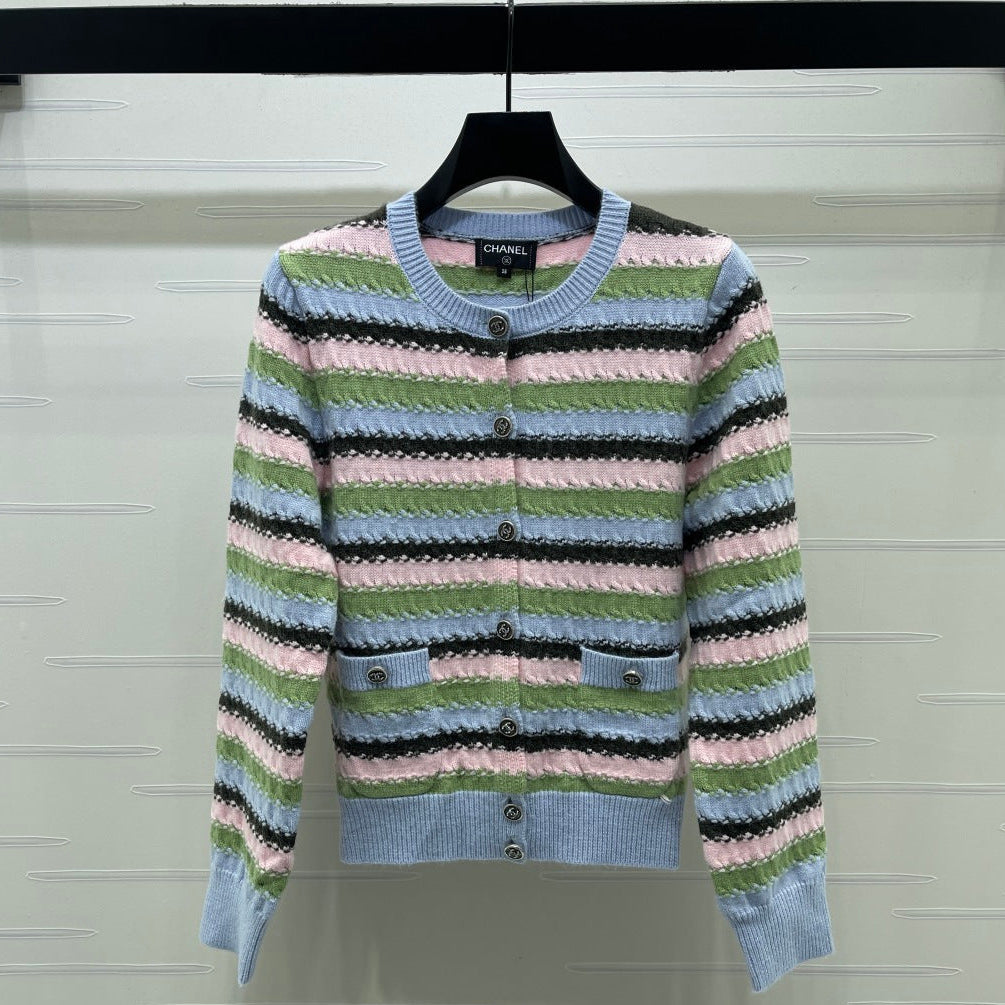 Chanel 2026 Striped Cardigan Blue Pink Green Wool 417669