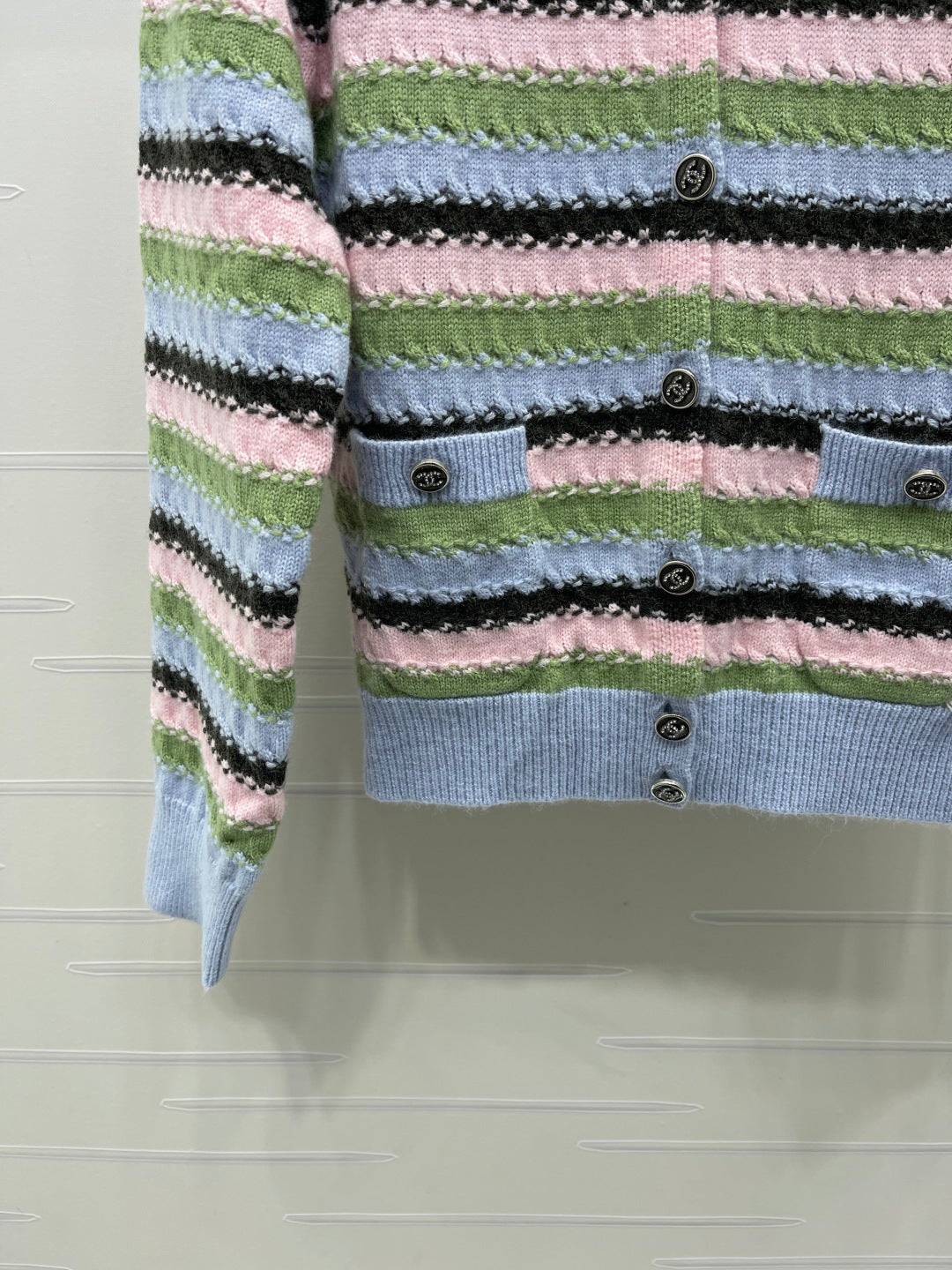 Chanel 2026 Striped Cardigan Blue Pink Green Wool 417669