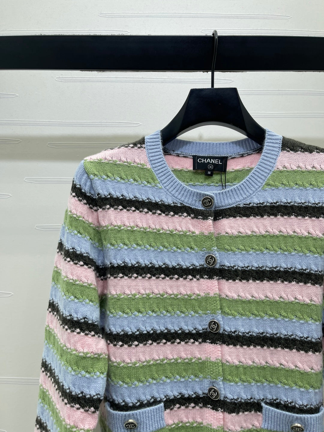 Chanel 2026 Striped Cardigan Blue Pink Green Wool 417669