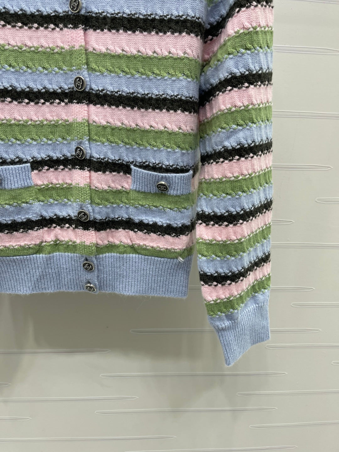 Chanel 2026 Striped Cardigan Blue Pink Green Wool 417669