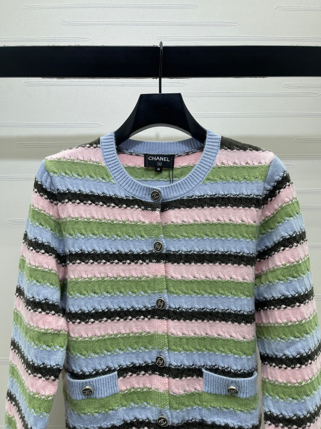 Chanel 2026 Striped Cardigan Blue Pink Green Wool 417669