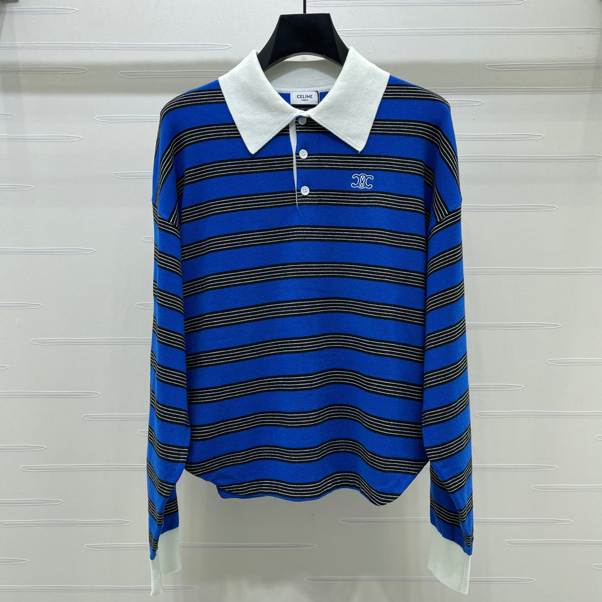 Celine 2026 Long-Sleeved Blue Striped Polo Shirt Cotton 430338