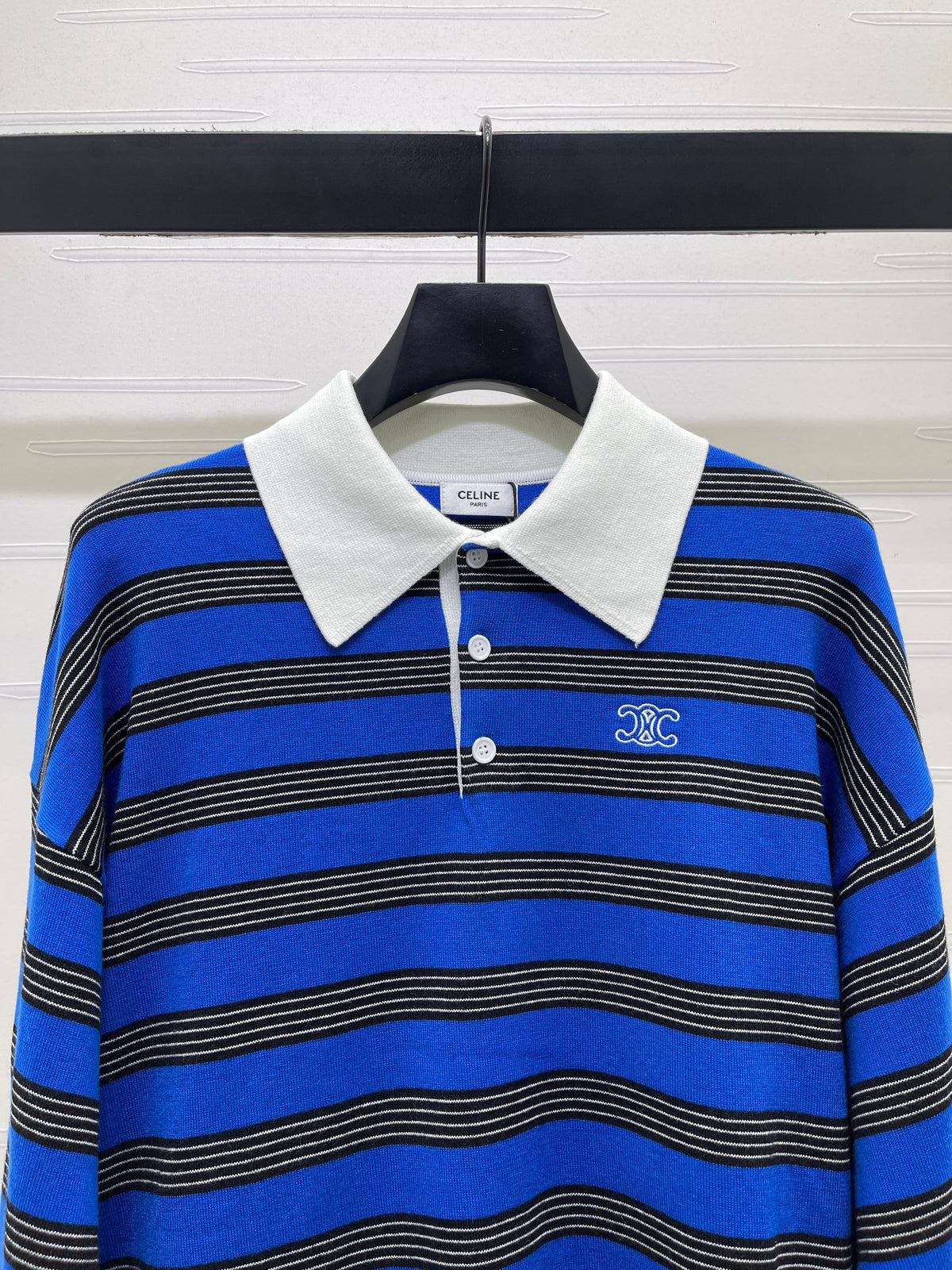 Celine 2026 Long-Sleeved Blue Striped Polo Shirt Cotton 430338