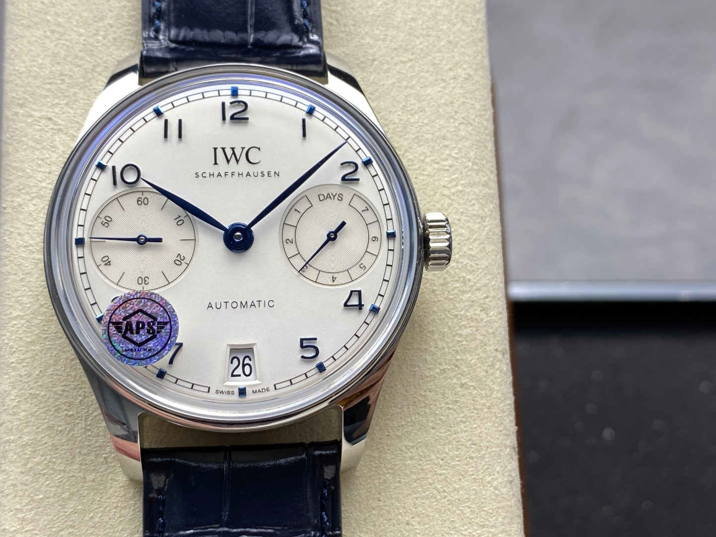 IWC Portuguese 42.4mm Cream Dial Steel Case Navy Blue Crocodile Leather Strap