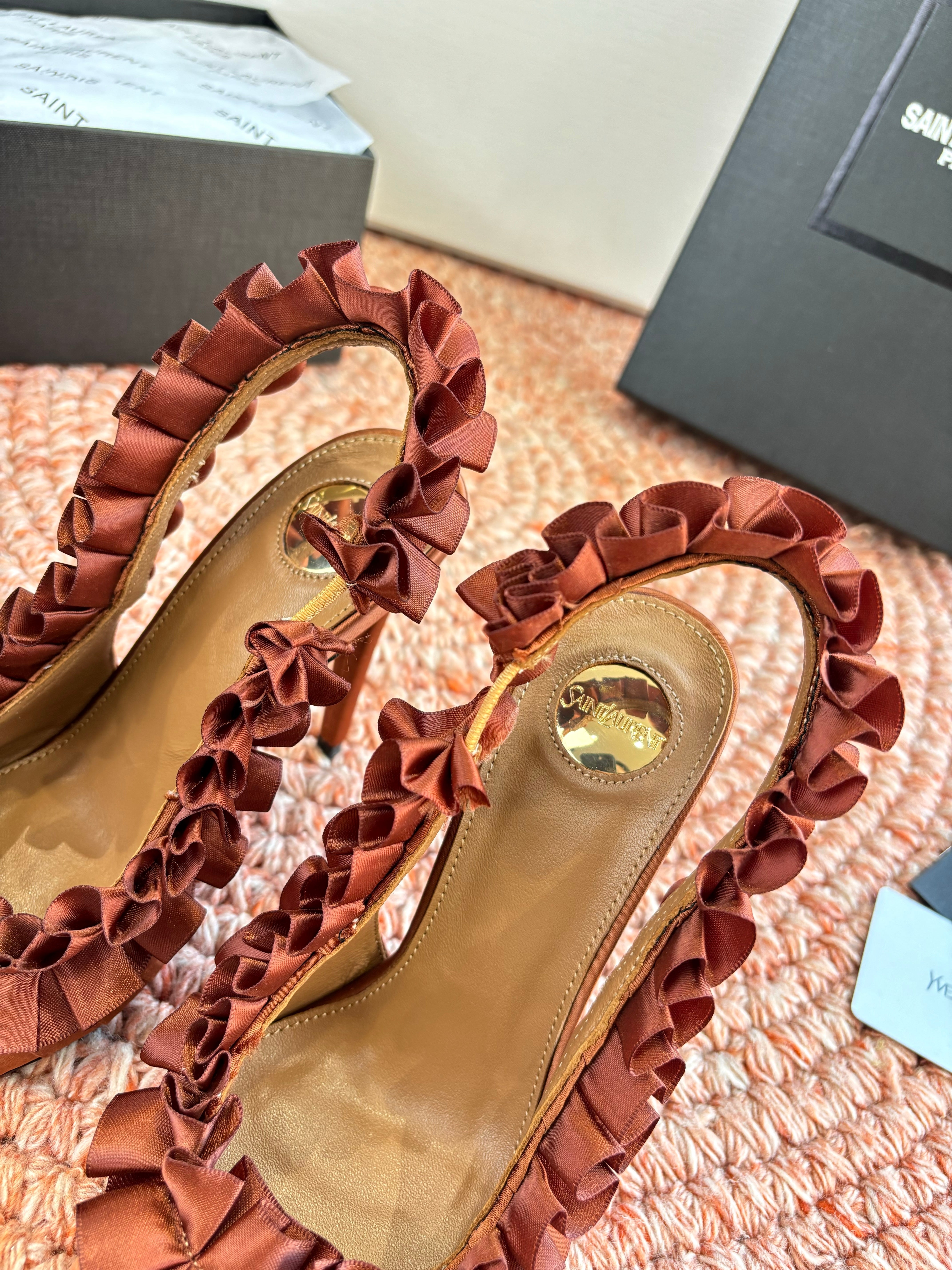 YSL 26ss Slingback Camel Brown Silk Leather  648841