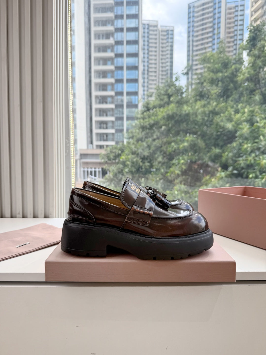 Miu Miu 2026 Platform Loafers Brown Patent Leather 994129