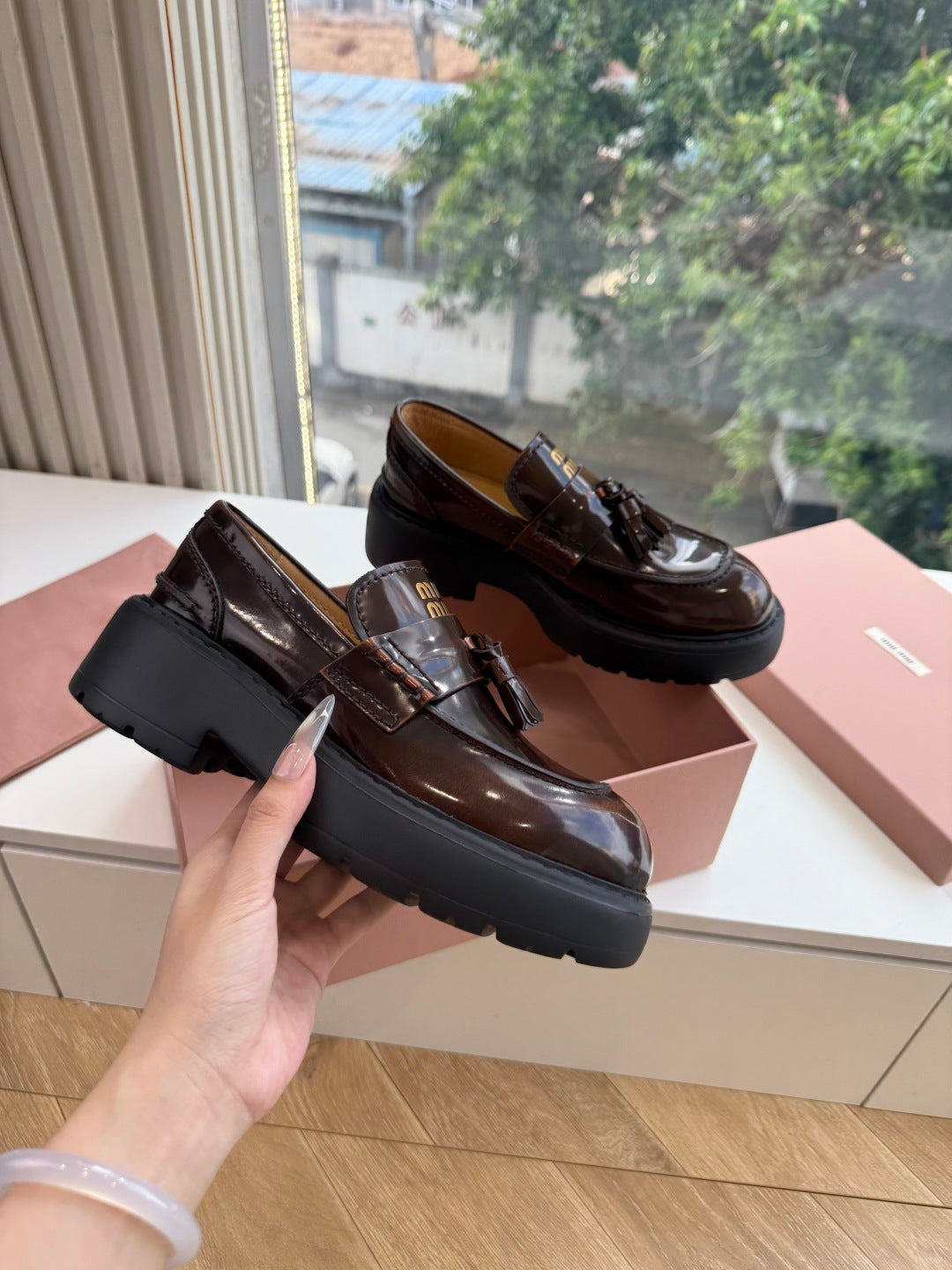 Miu Miu 2026 Platform Loafers Brown Patent Leather 994129
